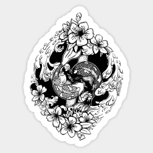 Yin Yang Koi fish in wave and sakura flowers Sticker